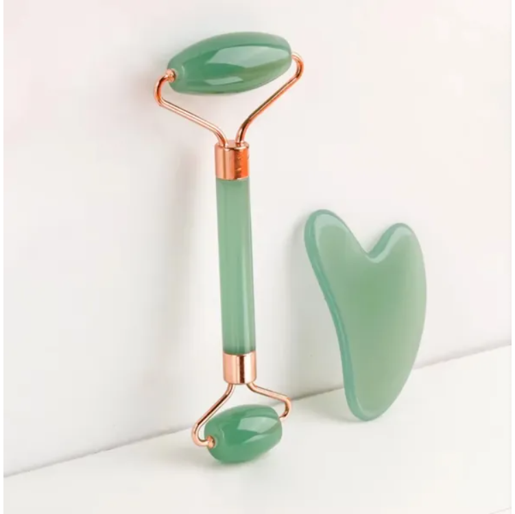 Zyra Sculpt Duo — jade gua sha stone and dual-ended facial roller set
