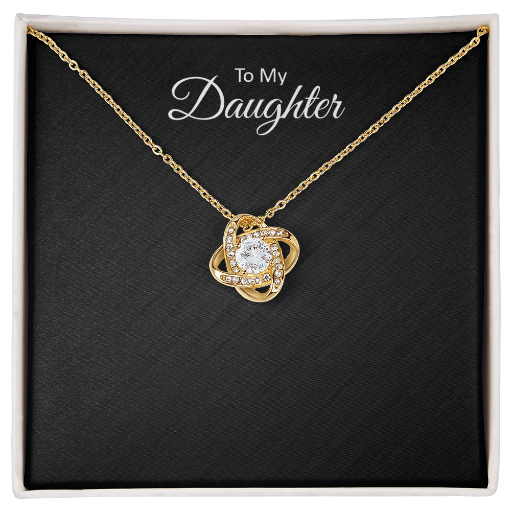 Love Knot pendant necklace for daughter — cubic zirconia close-up
