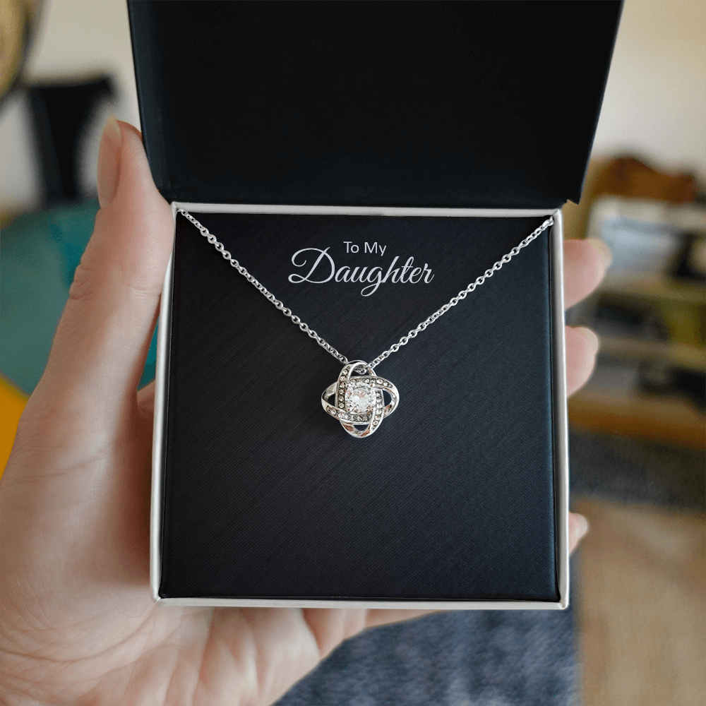 To My Daughter Love Knot necklace gift with message card — detail view