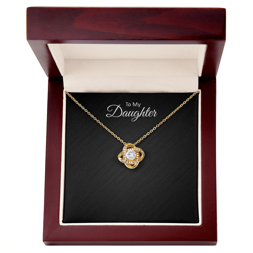 To My Daughter Love Knot necklace — gift presentation view