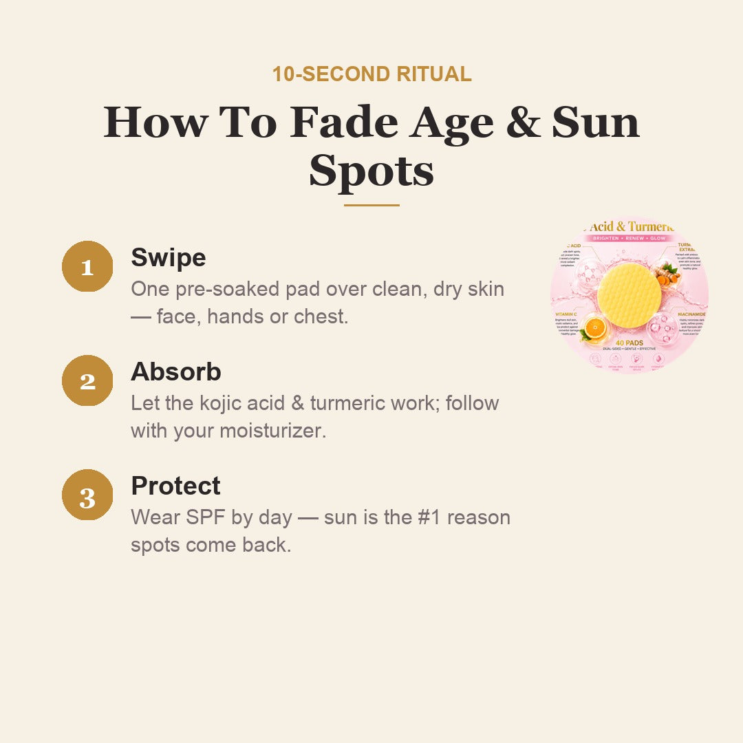 How to fade age and sun spots with Zyra kojic acid turmeric pads in 3 steps