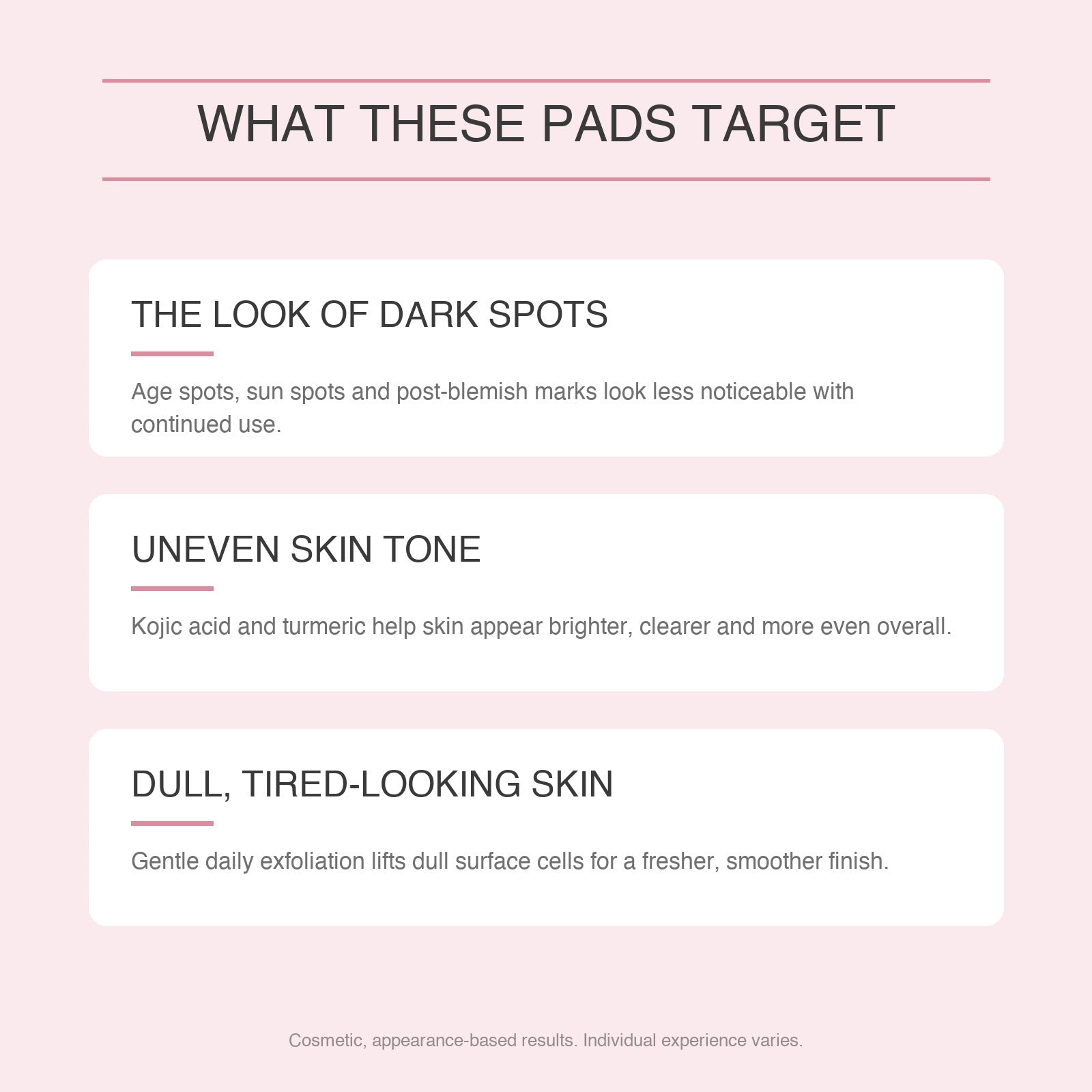 What these pads target: the look of dark spots, uneven skin tone, and dull tired-looking skin. Cosmetic, appearance-based results.
