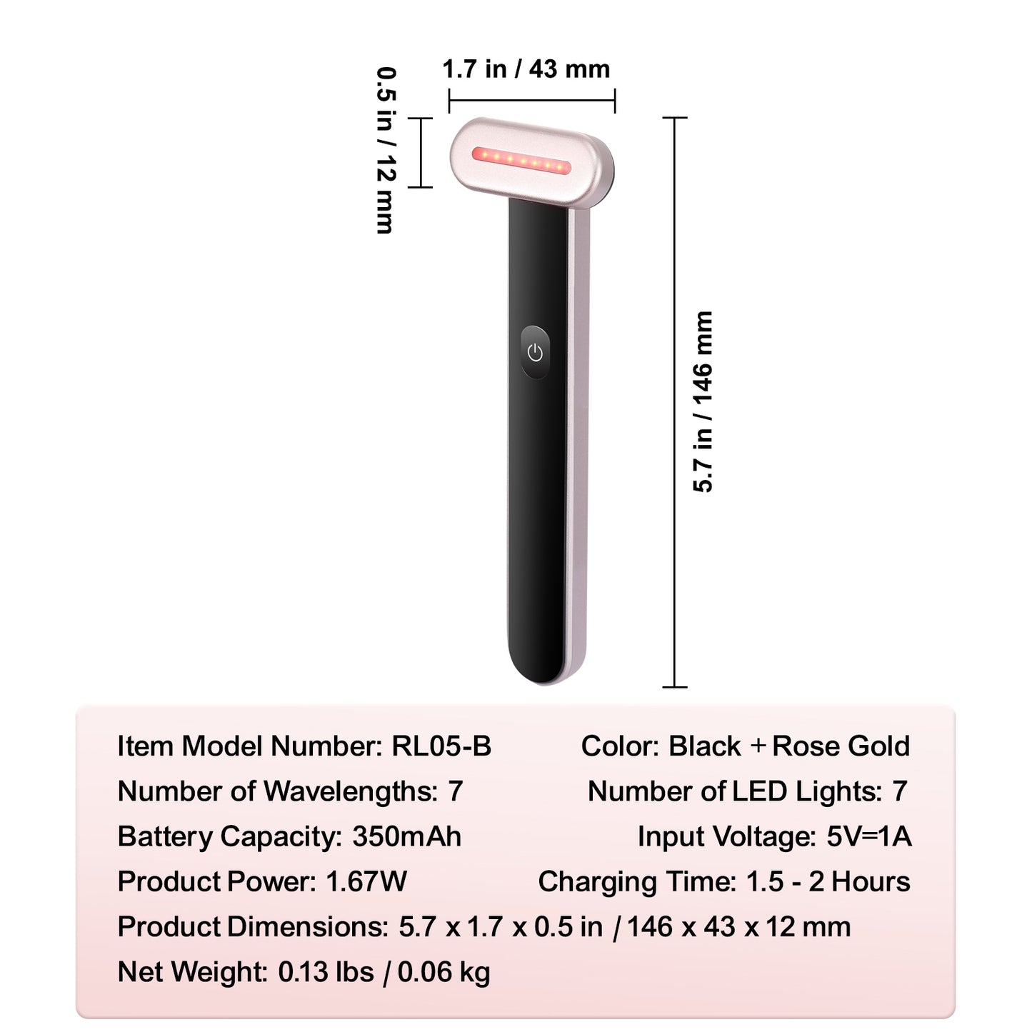 GlowWand specifications - 7 LEDs, 350mAh battery, USB-C, 0.13 lb