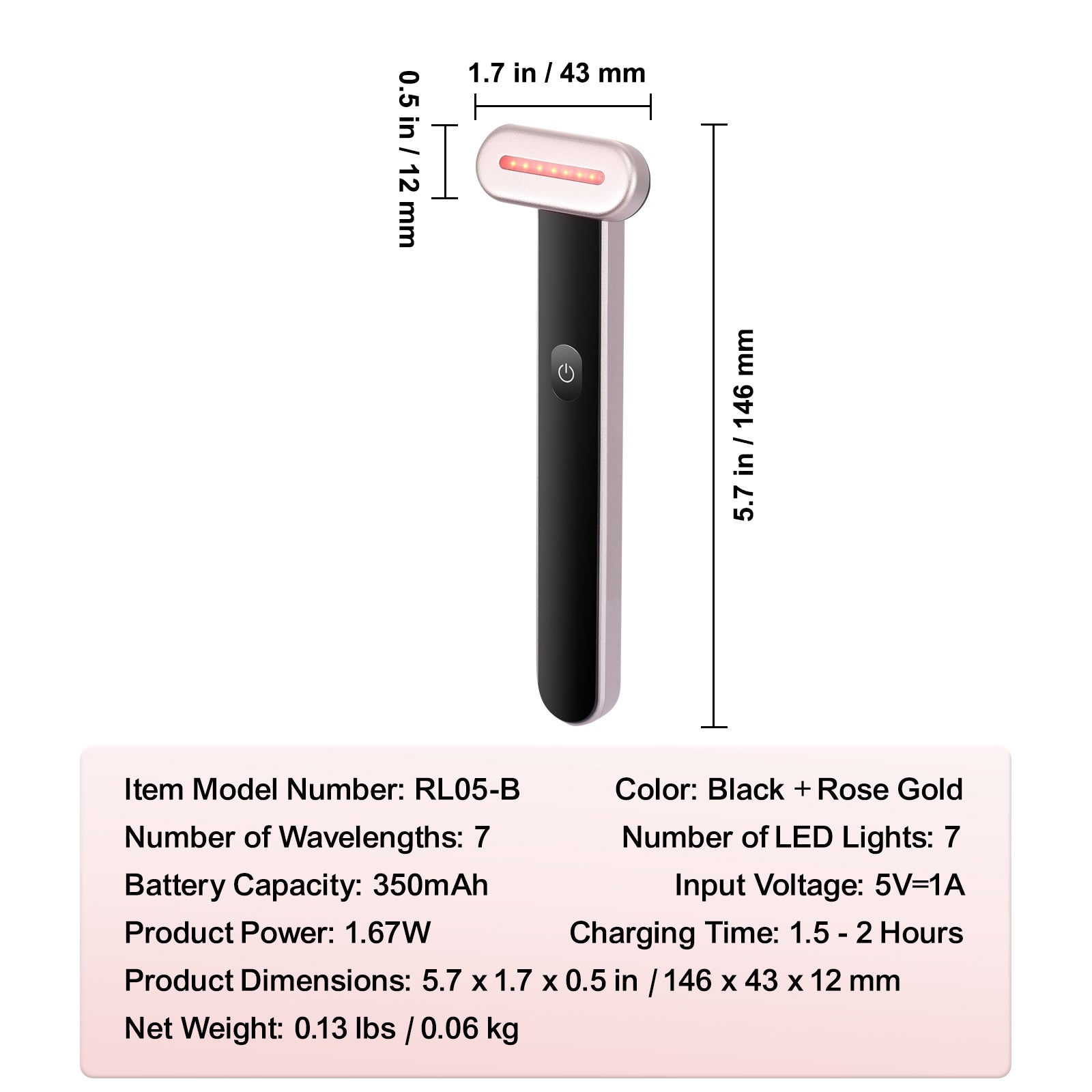 GlowWand specifications - 7 LEDs, 350mAh battery, USB-C, 0.13 lb
